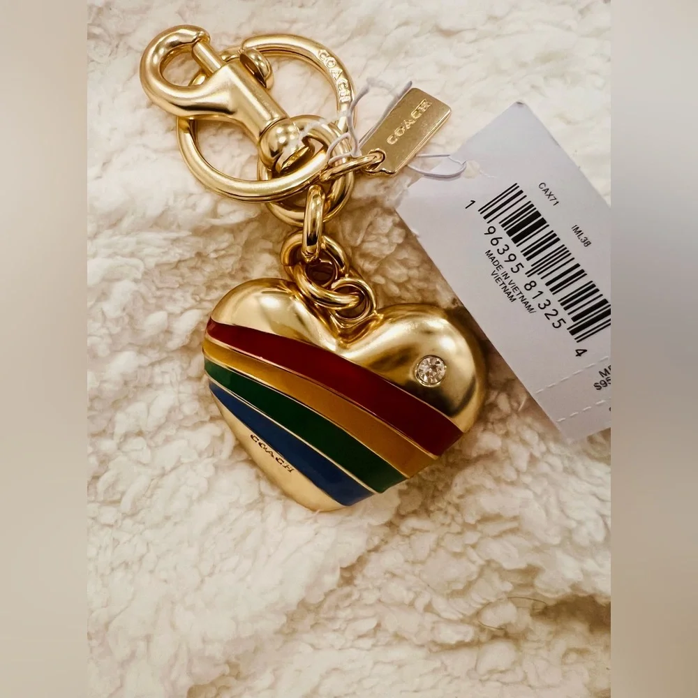 Coach Gold Heart Keychain with Multicolor Stripes. NWT